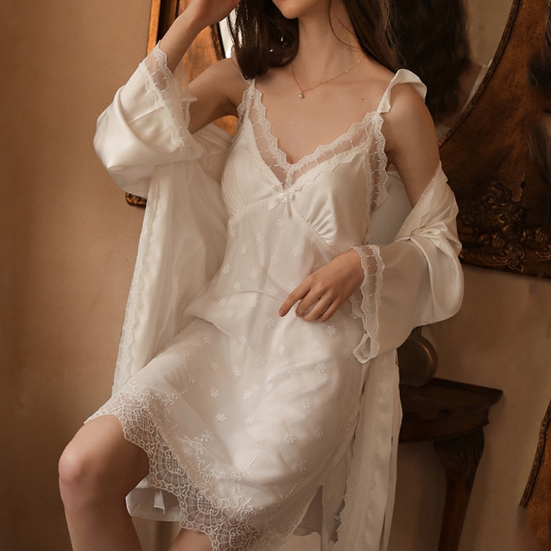 Women Fashion 2 Pieces Pajamas Sets Faux Silk Pajamas Sleepwear Sets Embroidery Lace Bath Gown Wedding Night Dress Robe With Belt