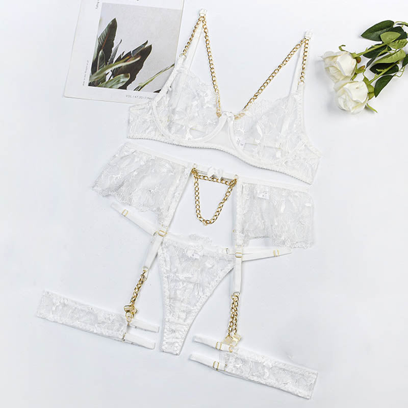 Women Fashion Floral Embroidery Lingerie Set Thin Transparent Bralette Lace Push Up Bra Garters 4 Piece Erotic Underwear