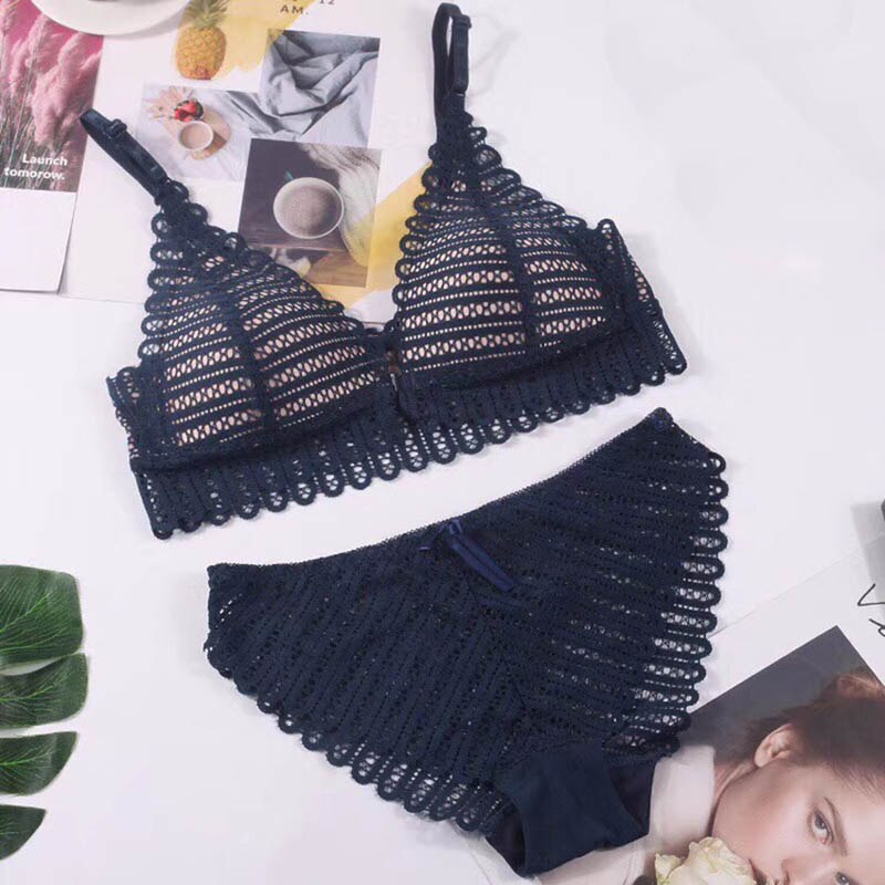 Women Fashion French Lace Front Closure Bra And Panties Set Lingerie Set Push Up Bralette Embroidery Underwear Brassiere