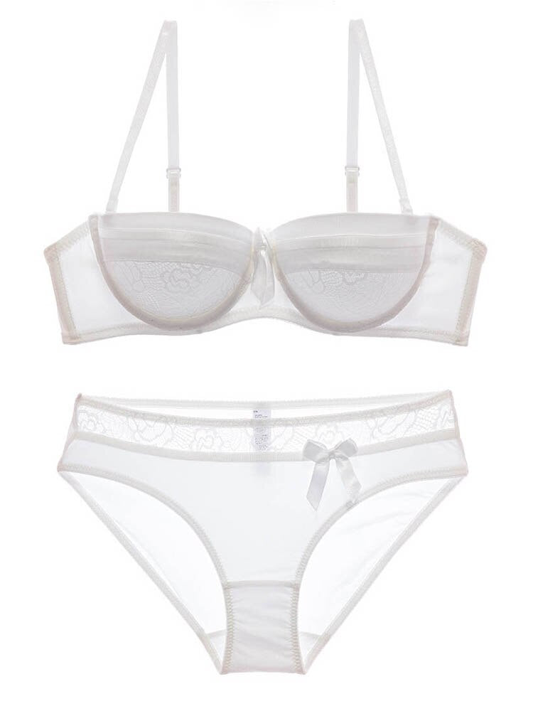 Lalall NEW Women Underwear Bow Lingerie Sexy Lace Ribbon Bra And Panty Sets 1/2 Cup Brassiere Gathered Intimates Push-up Bra Set