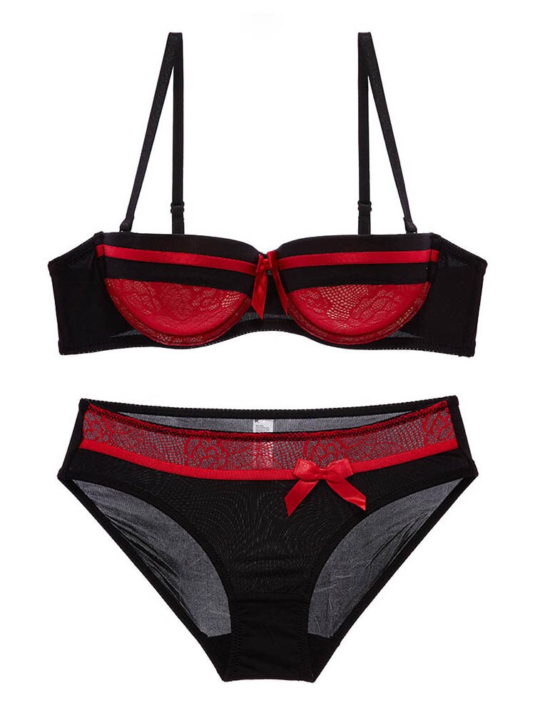 Lalall NEW Women Underwear Bow Lingerie Sexy Lace Ribbon Bra And Panty Sets 1/2 Cup Brassiere Gathered Intimates Push-up Bra Set
