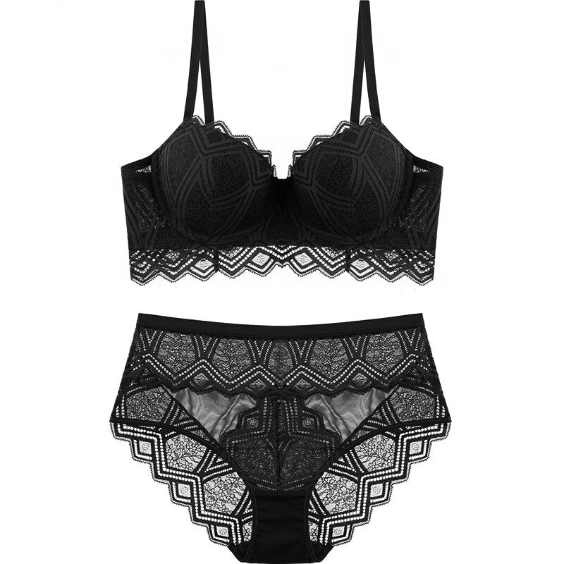 Women Fashion Top Underwear Set Push-up Bra and Panty Sets Hollow Brassiere Gather Bra Embroidery Lace Lingerie Set