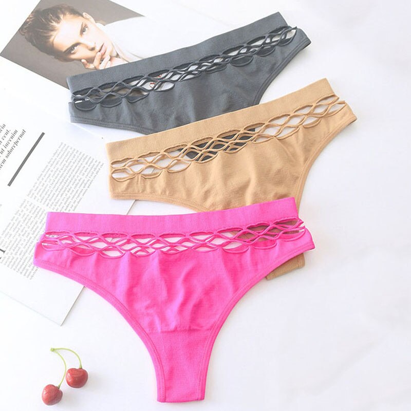 Women Fashion Underwear Panties High Elastic Thong Middle-waist Hollow Out Breathable Comfortable Lingerie