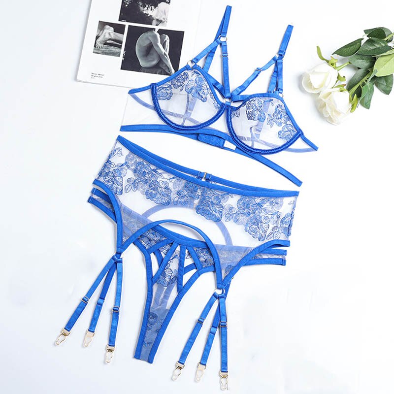 Women Fashion Lingerie For Ultra-Thin Transparent Lace Bra Set Underwear 3-Piece Garter Thong Sets