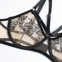 Women Fashion Lingerie For Ultra-Thin Transparent Lace Bra Set Underwear 3-Piece Garter Thong Sets