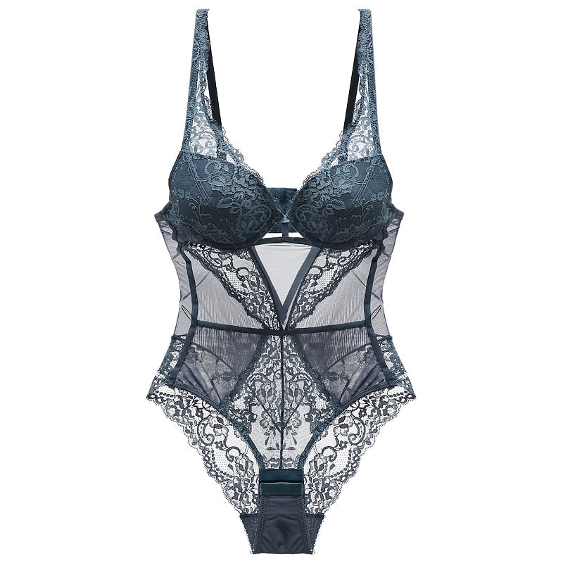 Lalall Sexy Push Up Underwear Lace Corset Women Elasticity Transparent Underwear Hollow Out Gather Bustier Bodysuit Lingerie