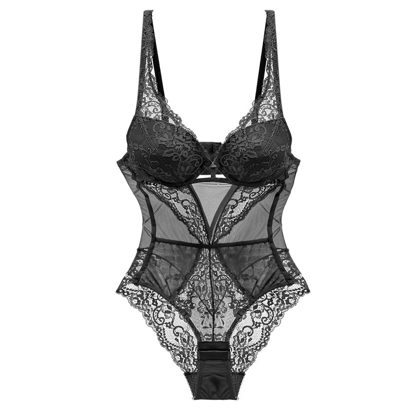 Lalall Sexy Push Up Underwear Lace Corset Women Elasticity Transparent Underwear Hollow Out Gather Bustier Bodysuit Lingerie