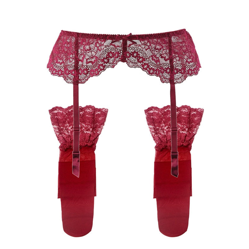 Women Fashion Lace Suspender Belt Wedding Garters Belts+ Stockings Sets