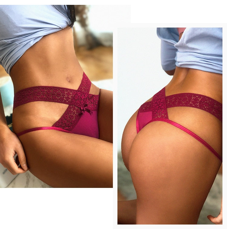Lalall Women Sexy Lace Panties Low-waist Temptation Lingerie Ladies Cross Strap G String Thong Hollow out Solid Underwear