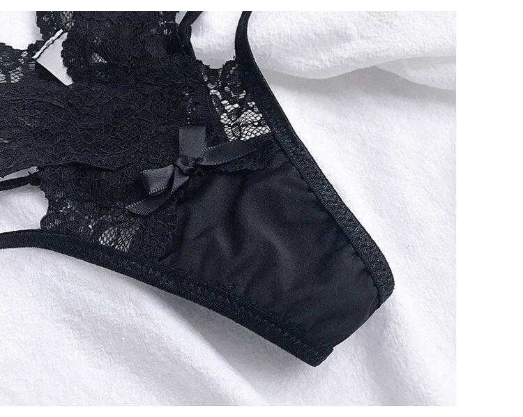 Women Fashion 2PCS/Set Lace Panties Low-waist Temptation Lingerie Femal Cross Strap G String Thong Hollow out Underwear