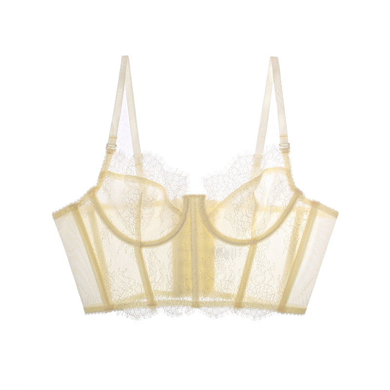 Women Fashion Embroidery Bralette Push Up Transparent Ultra-thin Underwear Female Lace Lingerie Tops