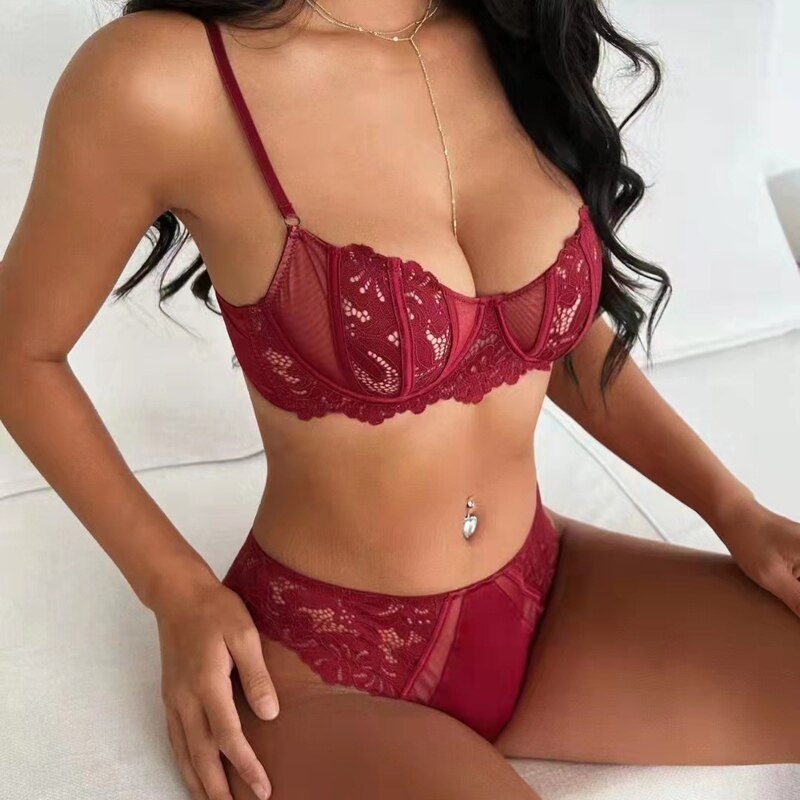 Lalall French Ultra Thin Lace Underwear Sets Women Sexy Push Up Brassiere Transparent Bra Lingerie Female Underwire Panties Set