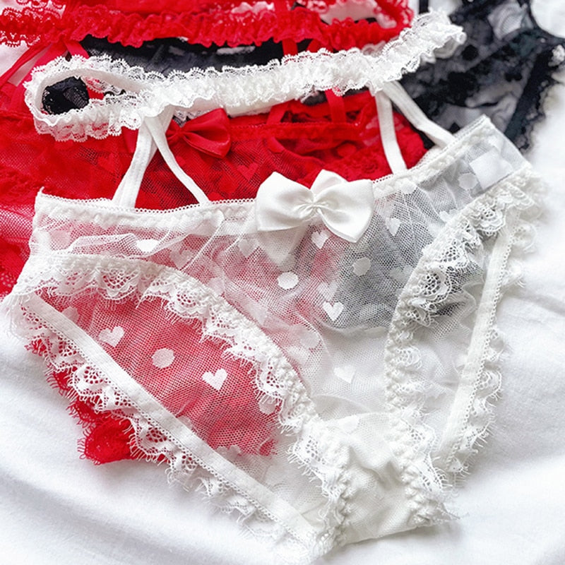 Women Fashion High Waist Mesh Panties Lace Underwear Transparent Hollow Out Lingerie Bow G Strings Intimates