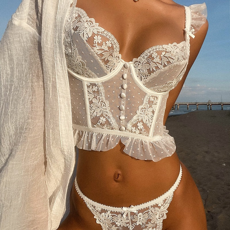 Lalall Sexy French Embroidery Lace Women Bra Set Sweet Top Push-up Wedding White Bralette Bra &amp; Panty Sets Comfortable Intimates