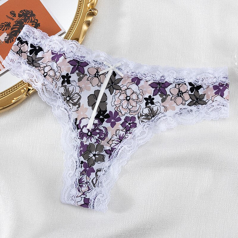 Lalall Women Sexy Flowers Panties Low-waist G String Thong Underwear Female Temptation Breathable Lingerie Lace T Pants Intimate