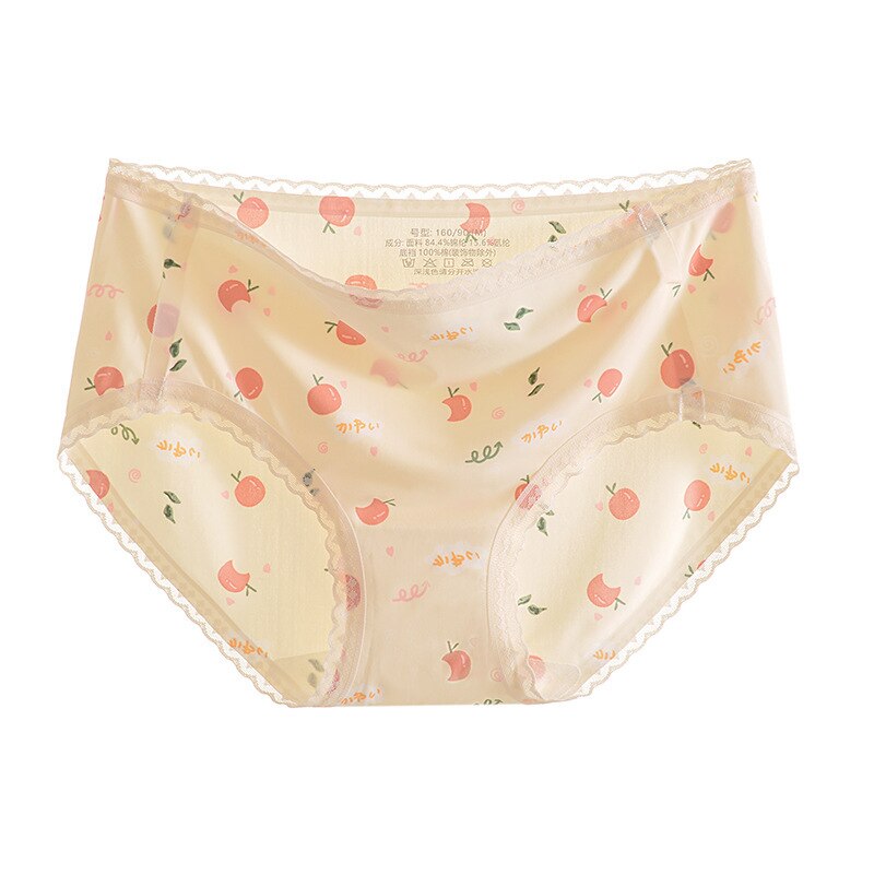 Lalall Women Sexy Ice Silk Lingerie Temptation Mid-waist Panties Fruit Ins Antibacterial Crotch Briefs Seamless Sweet Underwear