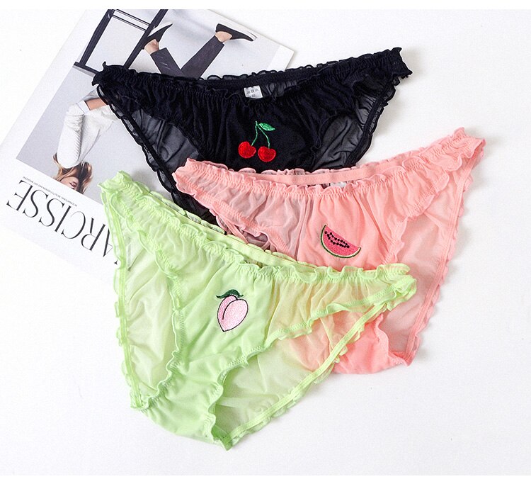 Women Fashion 2Pcs/Lot Lace Lingerie Temptation Low-waist Panties Fruit Ins Embroidery Transparent Briefs Seamless Underwear