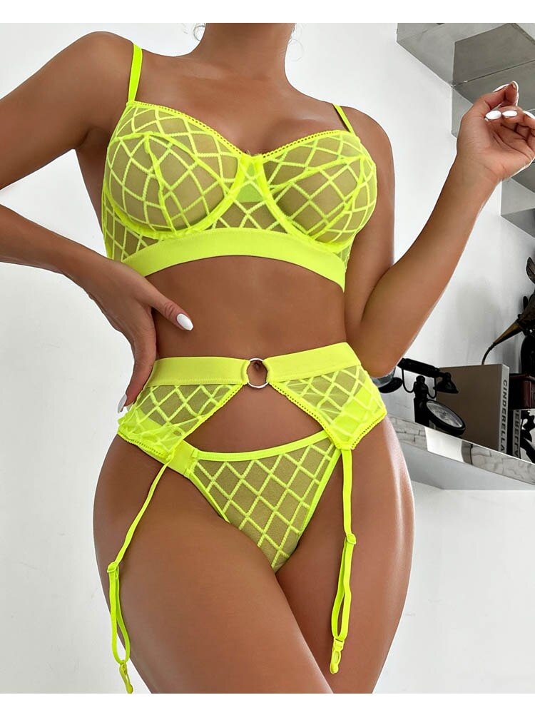 Lalall Sexy Lingerie for Women 3Piece Set Ultra-Thin Transparent Mesh Bra Set Underwear Luxury Erotic Brassiere with Garter Suit