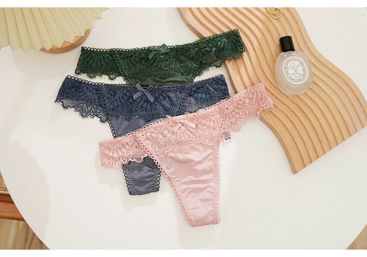 Women Fashion Lace Panties Ice Silk Low-Waist Underwear Thong Female G String Cross Bandage Lingerie Temptation Intimates