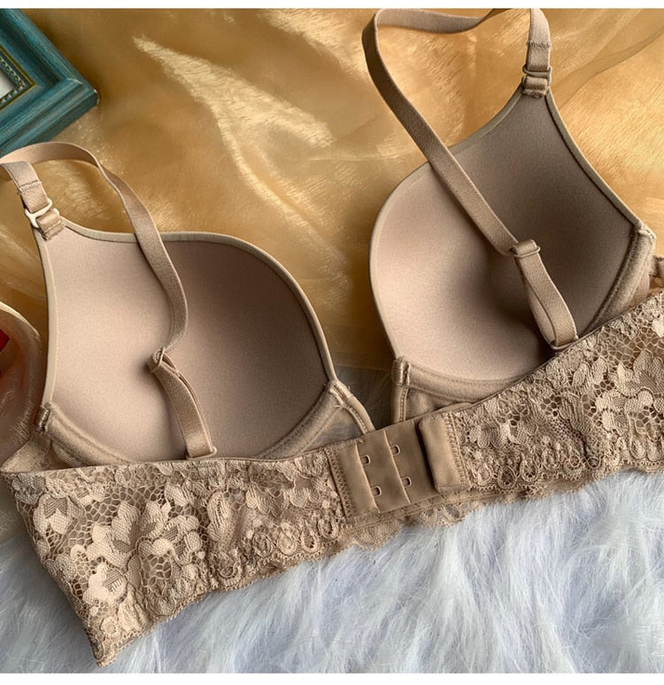 Lalall Women Sexy Push Up Bra French Lace Deep V Lingerie Female Thin Wedding Bralette Underwear Embroidery No Trace Top