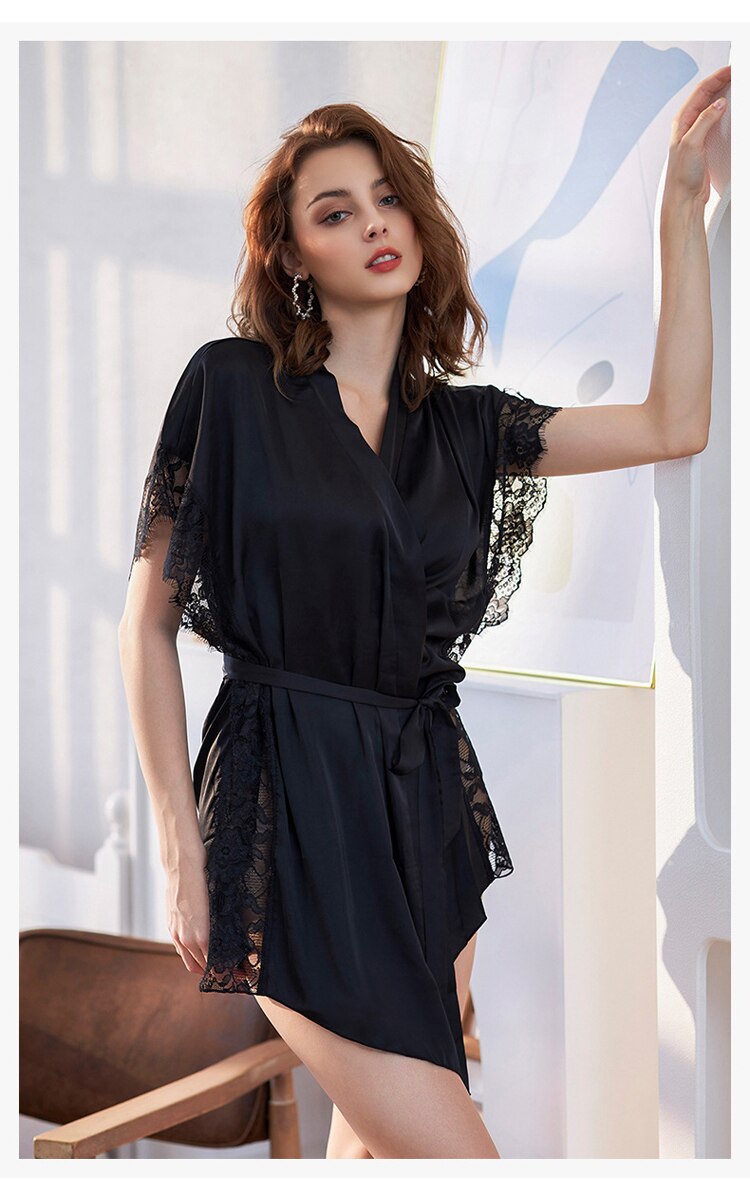 Women Fashion Lace Sleepwear Deep V Ice Silk Ultrathin Robe Split Nightgown Comfortable Temptation Nightwear Home Wear