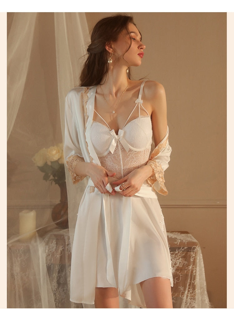 Women Fashion Lace Trim Wedding Robe Suit Loose Satin Bride Bridesmaid Kimono Bathrobe Gown Sleepwear Rayon Intimate Lingerie