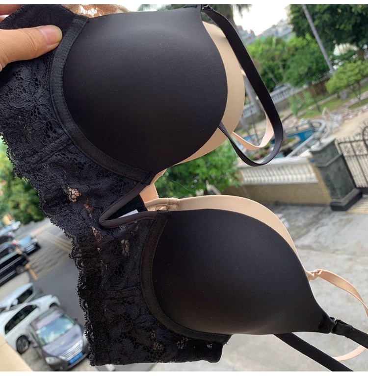 Lalall Women Sexy Push Up Bra French Lace Deep V Lingerie Female Thin Wedding Bralette Underwear Embroidery No Trace Top