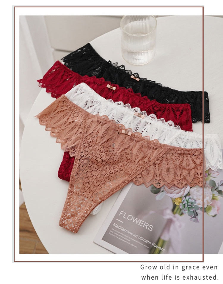 Lalall 3PCS/Set Women Sexy Lace Panties Low-waist G String Thong Underwear Female Hollow Out T-Back Lingerie Temptation Intimate