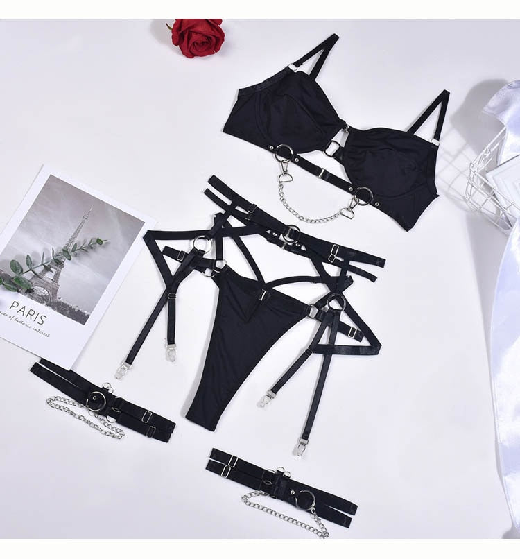 Lalall Sexy Lingerie for Women Underwear Erotic Garter Belt 3-Piece Intimate Push Up Bra Luxury Chain Strap Exotic Brief Sets