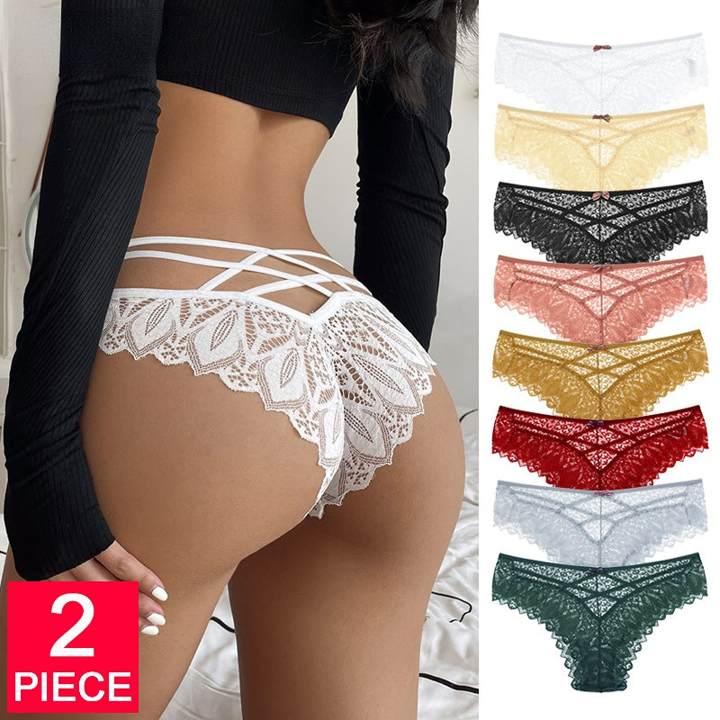 Lalall 2Pcs/Lot Temptation Panties Women Lace Underwear Sexy Low-Waist Thong Hollow Out G String Briefs Comfortable Lingerie